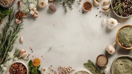 A flat lay of a chef's preparation area with fresh and dried herbs, garlic, and spices, culinary theme