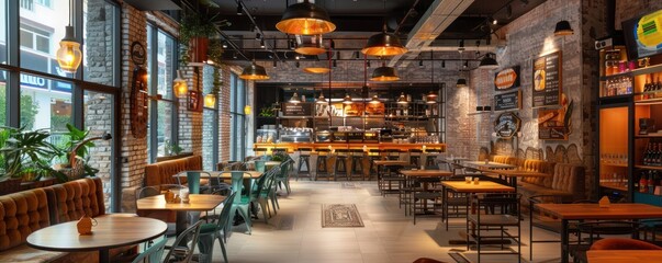 Modern Cafe Interior Featuring Stylish Red and Grey Seating and Vibrant Greenery