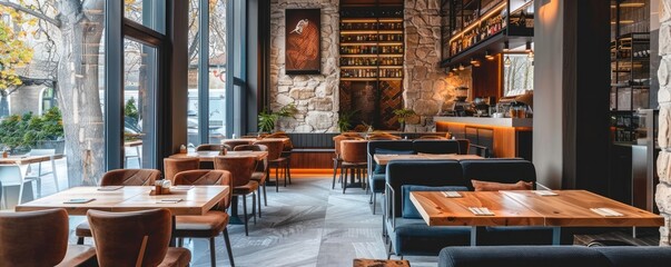 Modern Cafe Interior Featuring Stylish Red and Grey Seating and Vibrant Greenery