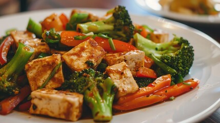 Cooking mixed vegetables along with tofu on a white plate