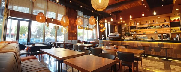Modern Cafe Interior Featuring Stylish Red and Grey Seating and Vibrant Greenery
