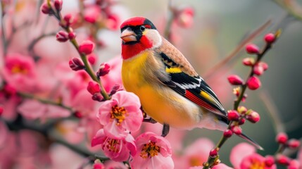 Naklejka premium Colorful goldfinch with dark wings and crimson mask resting on a blossom in Dublin s Botanic Gardens