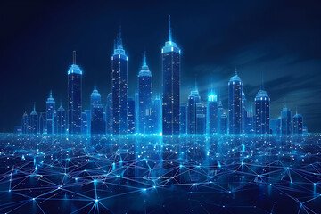 Fototapeta premium In a futuristic skyline, modern skyscrapers soar, defining the landscape of a smart city, symbolizing innovation, progress, and urban sophistication , silhouette logo in the wireframe style on a dark 