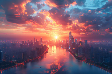 Fototapeta premium In a futuristic skyline, modern skyscrapers soar, defining the landscape of a smart city, symbolizing innovation, progress, and urban sophistication.