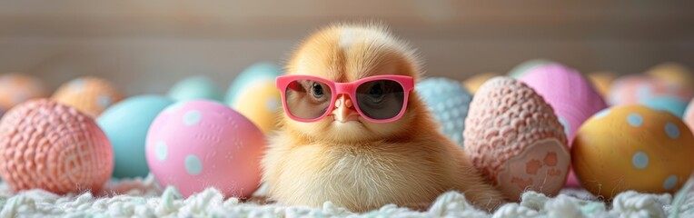 Cool Easter Chick with Sunglasses: A Funny and Cute Greeting Card Concept for the Holidays on a...