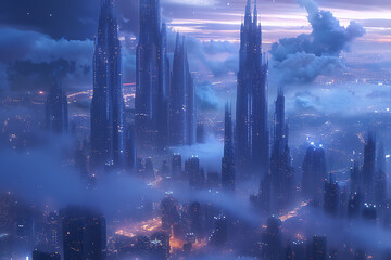 Fototapeta premium In a futuristic skyline, modern skyscrapers soar, defining the landscape of a smart city, symbolizing innovation, progress, and urban sophistication.