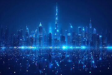 Fototapeta premium In a futuristic skyline, modern skyscrapers soar, defining the landscape of a smart city, symbolizing innovation, progress, and urban sophistication , silhouette logo in the wireframe style on a dark 