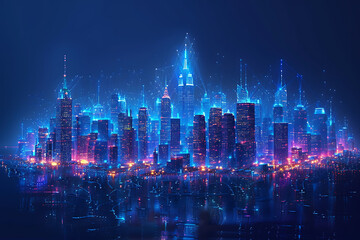 Naklejka premium In a futuristic skyline, modern skyscrapers soar, defining the landscape of a smart city, symbolizing innovation, progress, and urban sophistication , silhouette logo in the wireframe style on a dark 