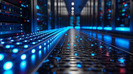 Rows of glowing blue servers in a high-tech data center with a futuristic atmosphere.