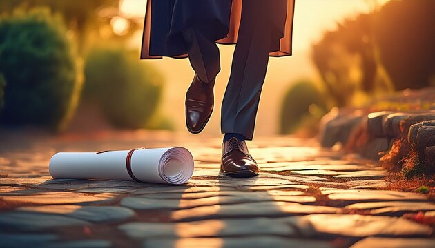 A creative shot looking down at a graduate&rsquo;s feet, one foot stepping forward.
