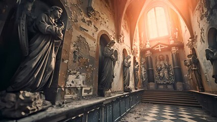 Weathered Angel Statues in an Abandoned Church with Ai generated.
