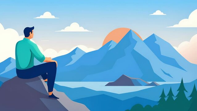 A man sits on a mountain top the stunning view and sense of accomplishment from reaching the summit bringing him pure happiness.
