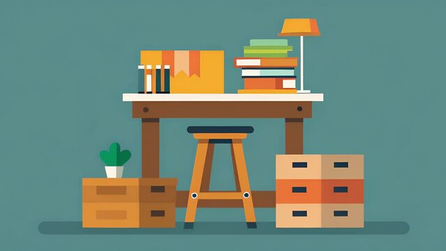 A budgetfriendly DIY standing desk made from stacked wooden crates is paired with a comfortable stool and an inspiring wall decal creating a