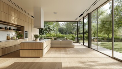 A large open plan kitchen and living room with light wooden cabinets