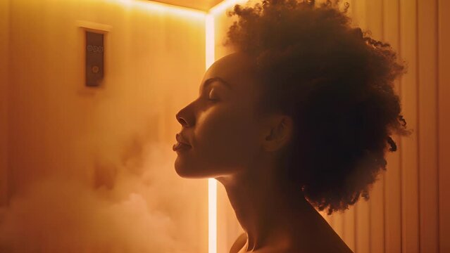 A person in a sauna with their eyes open gazing at the soft glow of the infrared lights and feeling a sense of inner peace..