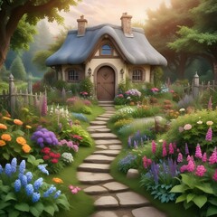 Fototapeta na wymiar illustration, a house, garden, lots of clouds