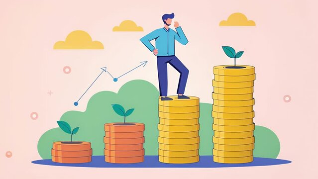 A sketch of a person standing on a large stack of coins with the words Rising above inflation above them.