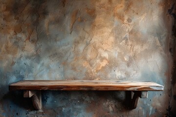 A wooden bench sitting in front of a wall