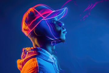 Abstract neon colored portrait of an African American man wearing a baseball cap and hoodie with holographic lines, double exposure photography and light painting techniques on a dark blue background,