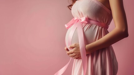 Expecting Joy: Pink Ribbon Adorns Beautiful Pregnant Belly for Maternity Shoot