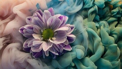a large purple flower sitting on top of a purple and white flower covered in smoke on a blue and pink background.