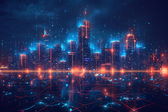 In a futuristic skyline, modern skyscrapers soar, defining the landscape of a smart city, symbolizing innovation, progress, and urban sophistication