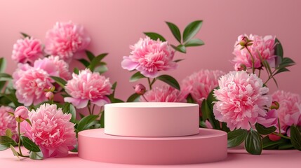 Beauty Product Presentation Stand with Peonies on Pink Background
