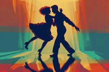 Silhouettes of dancers on bright abstract background.