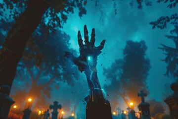 Zombie Hand Rising Out Of A Graveyard In Spooky Night - generative ai