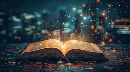 An open book radiates golden light, surrounded by financial symbols