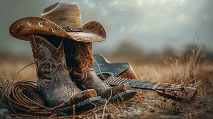 Rustic cowboy gear and guitar in field at sunset