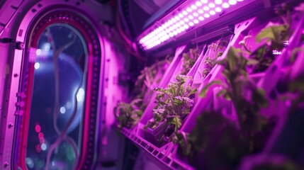 An experimental vertical farm module on a space station, where astronauts cultivate crops under the specialized glow of purple LED lights, Close up