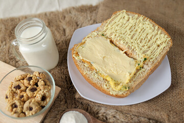 Bread with scrambled egg sandwich on a plate for breakfast and coffee break