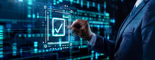 Fototapeta premium Passed the online exam. Business performance Checklist, businesspeople use laptops to do online checklist surveys, fill out digital form checklists, participate in assessments, questionnaires, assessm