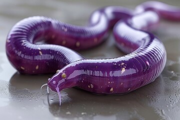 A unique translucent purple worm with a segmented body and sucker isolated on a reflective gray surface with water droplets. This rare creature is exotic and colorful