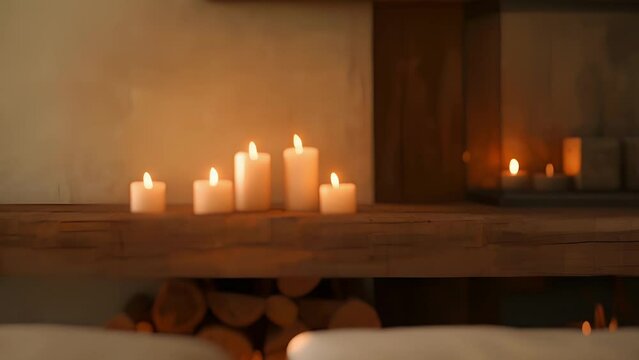 The tranquil beauty of a minimalist fireplace mantel adorned with unlit taper candles. .