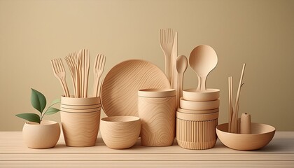 A range of biodegradable goods (utensils, containers) arranged on a wooden surface.