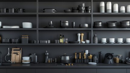 dark gray home kitchen interior with kitchenware on counter and shelves