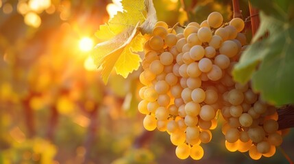 Sunset Viticulture: White Grapes Hanging in Vineyard