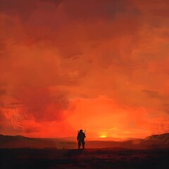 Fototapeta premium Lone Silhouetted Soldier Keeping Vigil During Fiery Sunrise Over Expansive Empty Landscape