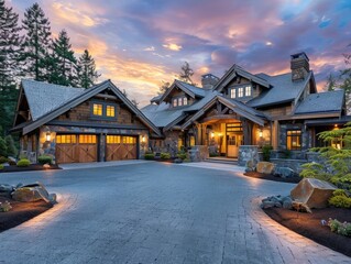 beautiful luxury home exterior with large driveway, sunset lighting, twilight, warm tones, rustic...