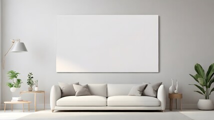 Blank white modern minimalist wall art mockup canvas, against a light gray color wall background, blank drawing room vertical wall art mockup gray theme