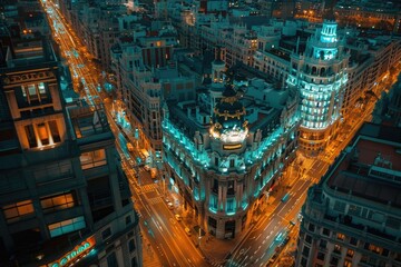 Beautiful night view of the city center in downtown Madrid, Spain with illuminated skyscrapers and...