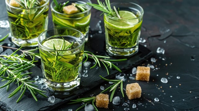 Absinthe served with rosemary brown sugar and lime in glasses on a black wooden surface