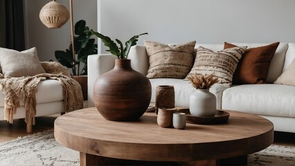 Boho interior design of modern living room, home. Wooden round coffee table with clay vase on it near white sofa with brown pillows.