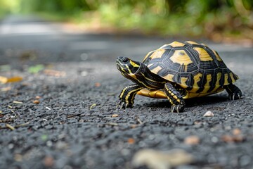 Obraz premium Turtle on an asphalt road among fallen leaves.
