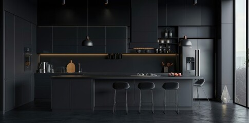 Black kitchen interior with modern cabinets and appliances. Dark grey minimalist home interior design of modern studio apartment, 3d rendering ,