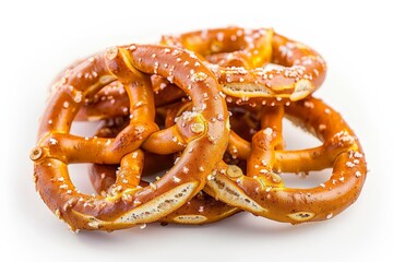 A close-up of traditional German pretzels, golden-brown and sprinkled with coarse salt crystals, displayed on a white background.