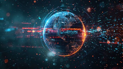 Obraz premium The digital globe spins out of control, propelled by the extreme velocity of the global network connectivity across Earth. Data transfer speeds, fueling a frenzy of business transactions