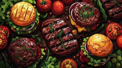 Fototapeta premium Craft a high-angle view illustration of succulent grilled steaks, juicy burgers,oil dripping, carefully shaded, in vibrant colors